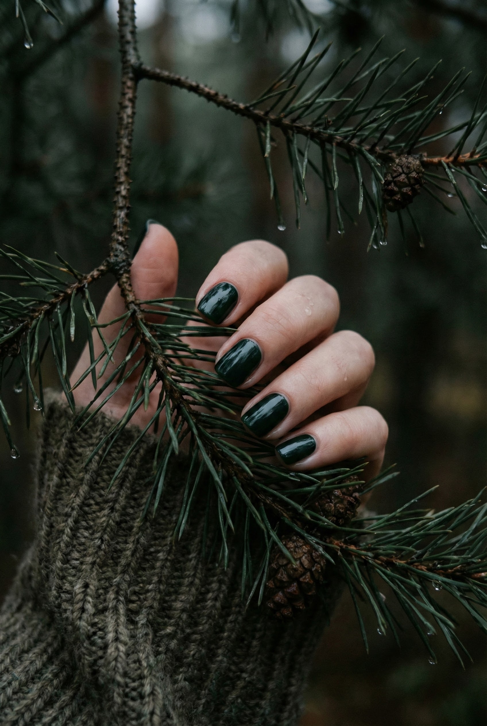 Close-up of a hand with dark forest green nails touching a pine tree branch, capturing a moody winter atmosphere.