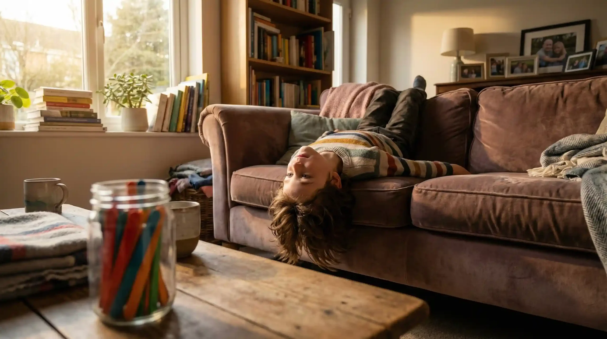 A young boy lying upside down on a living room sofa looking bored. In the foreground, a glass jar filled with colorful popsicle sticks rests on a wooden coffee table, representing a screen-free boredom buster strategy.