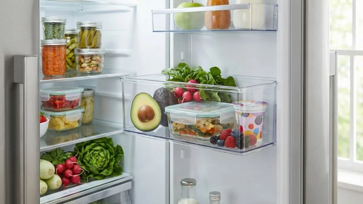 Organized open refrigerator featuring a clear "Eat Me First" bin on the middle shelf containing leftovers, half an avocado, and fresh produce to prevent food waste.