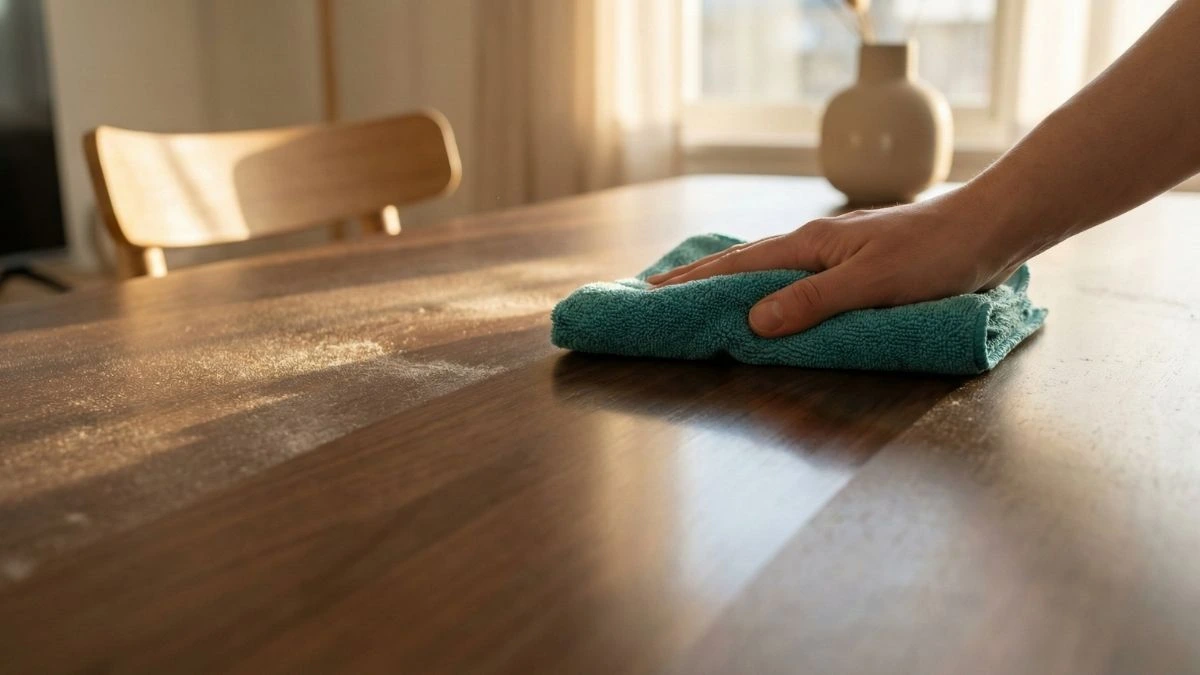 A close-up shot of a hand using a teal microfiber cloth to wipe a thick layer of dust off a dark wooden table, revealing a shiny clean surface under warm natural sunlight.