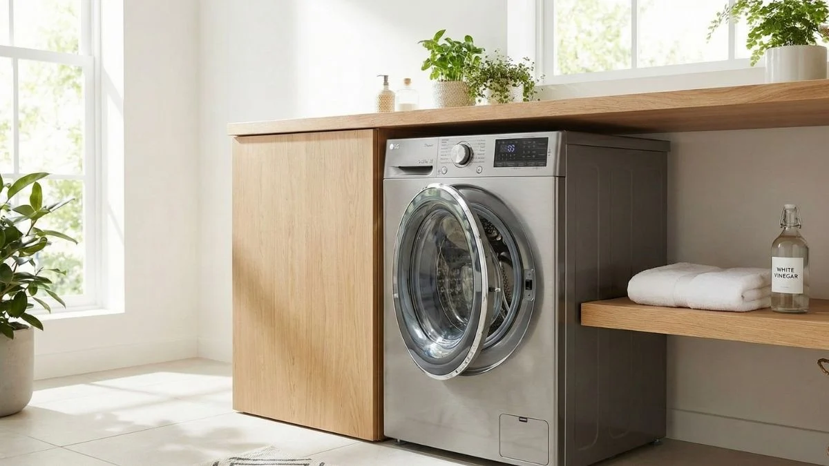 A modern silver front-load washing machine with the door open for ventilation in a bright laundry room, featuring a bottle of white vinegar and a fresh white towel on a wooden shelf.