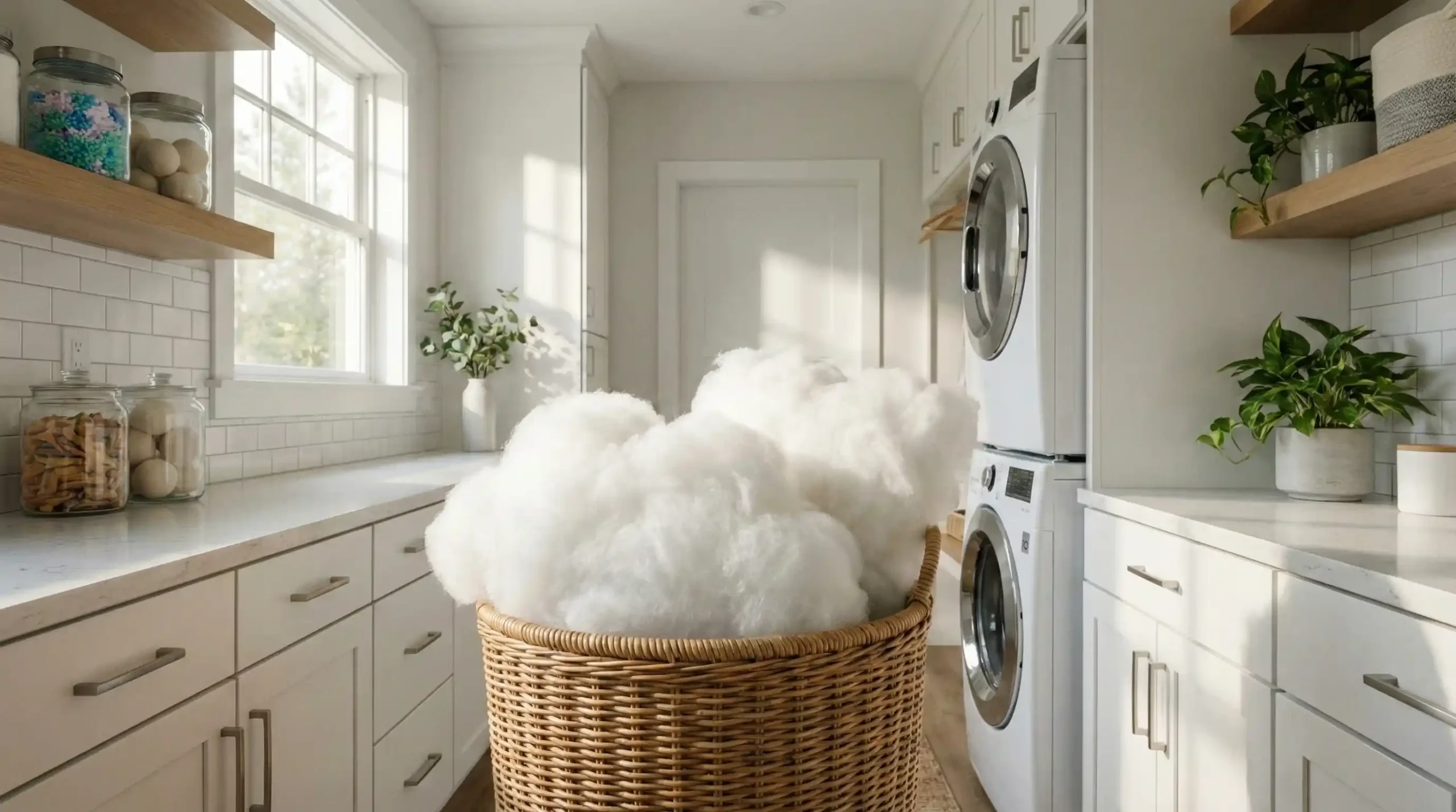 A bright, sunlit laundry room featuring a wicker basket filled with incredibly fluffy white filling that looks like clouds, representing perfectly washed pillows without lumps.