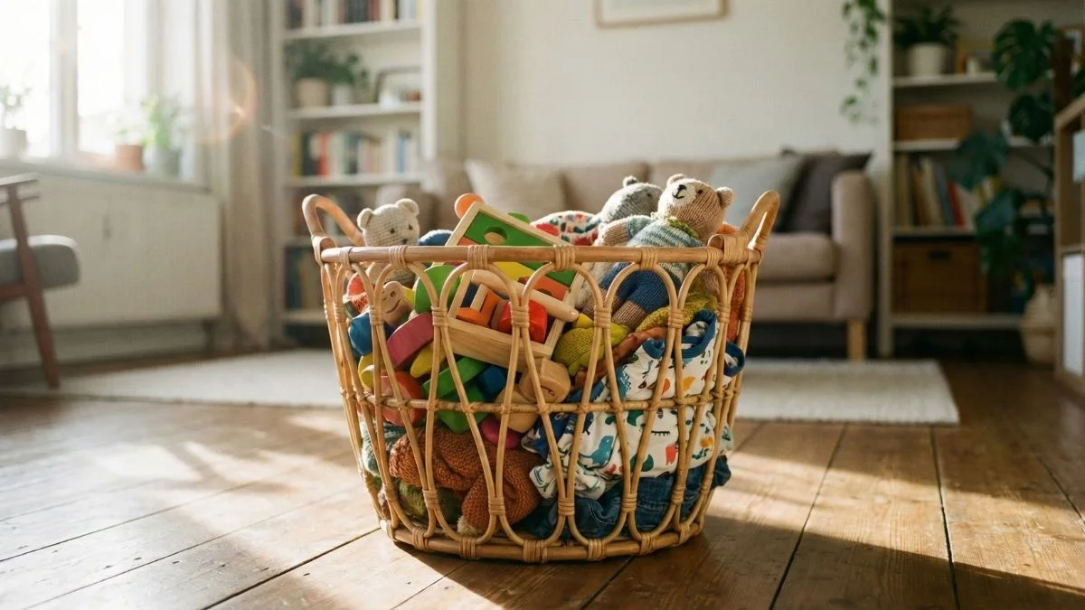 A wicker 'doom basket' filled with toys and clothes in a sunny living room, illustrating a lazy cleaning hack for quick tidying.