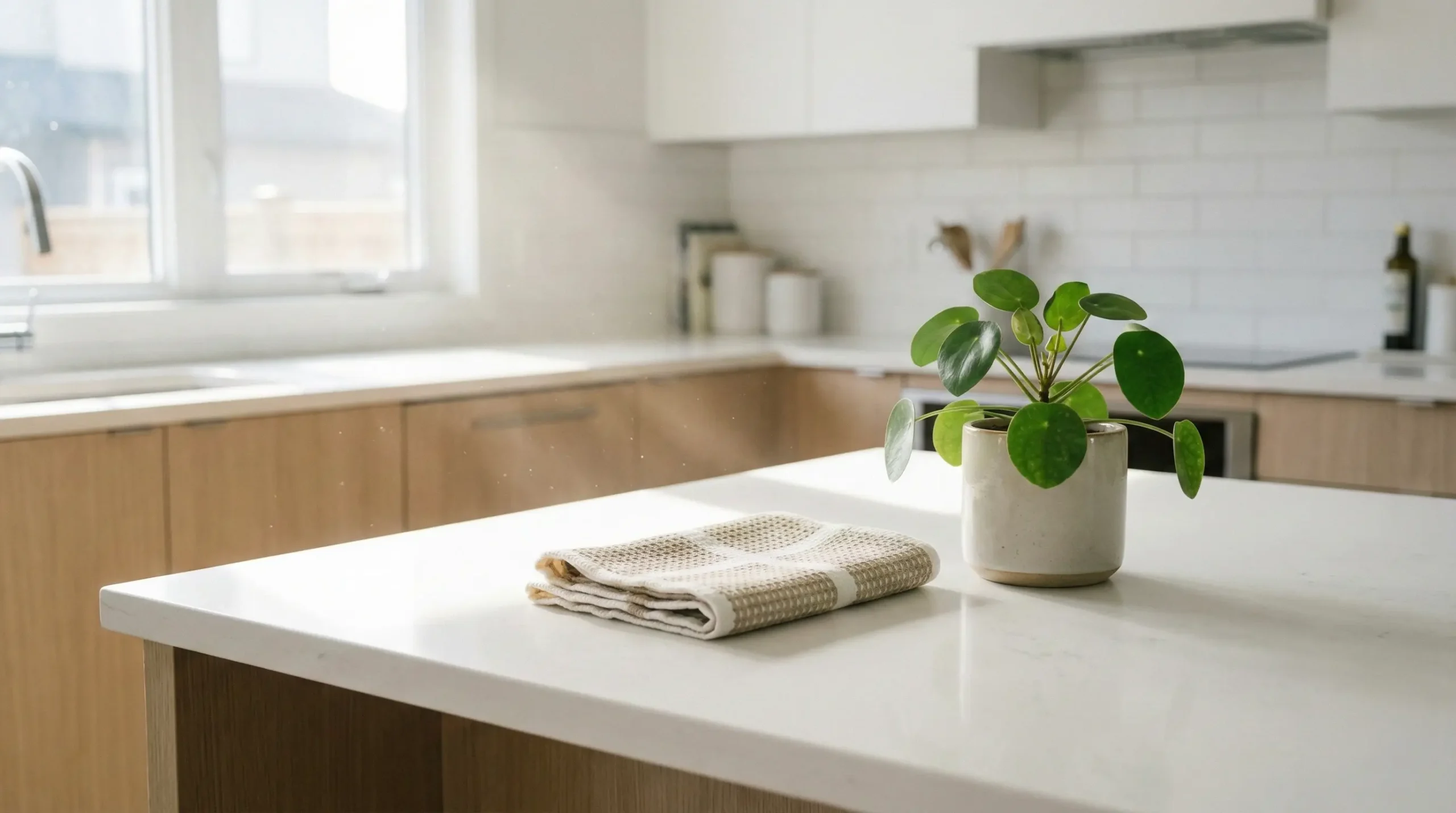 A pristine, sunlit kitchen island featuring a folded beige waffle-weave dishcloth and a potted pilea plant, representing the clean aesthetic of professional housekeepers.