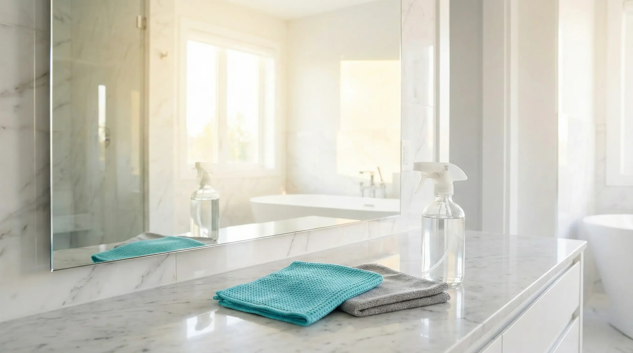 A clean marble bathroom vanity featuring a clear spray bottle with homemade cleaner, a teal waffle-weave microfiber cloth, and a grey flat-weave cloth in front of a spotless mirror.