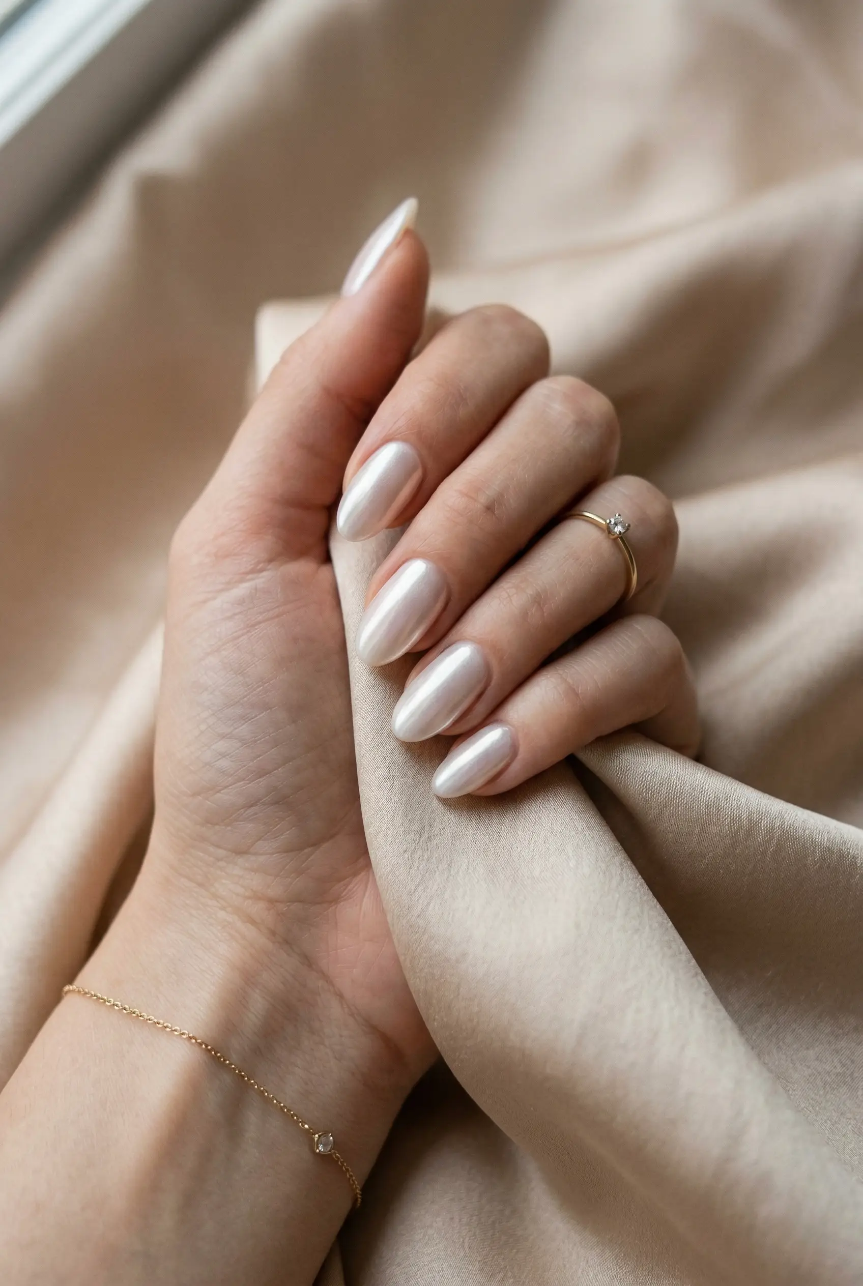 Soft pearl glazed donut oval nails on an elegant hand resting on beige silk fabric.