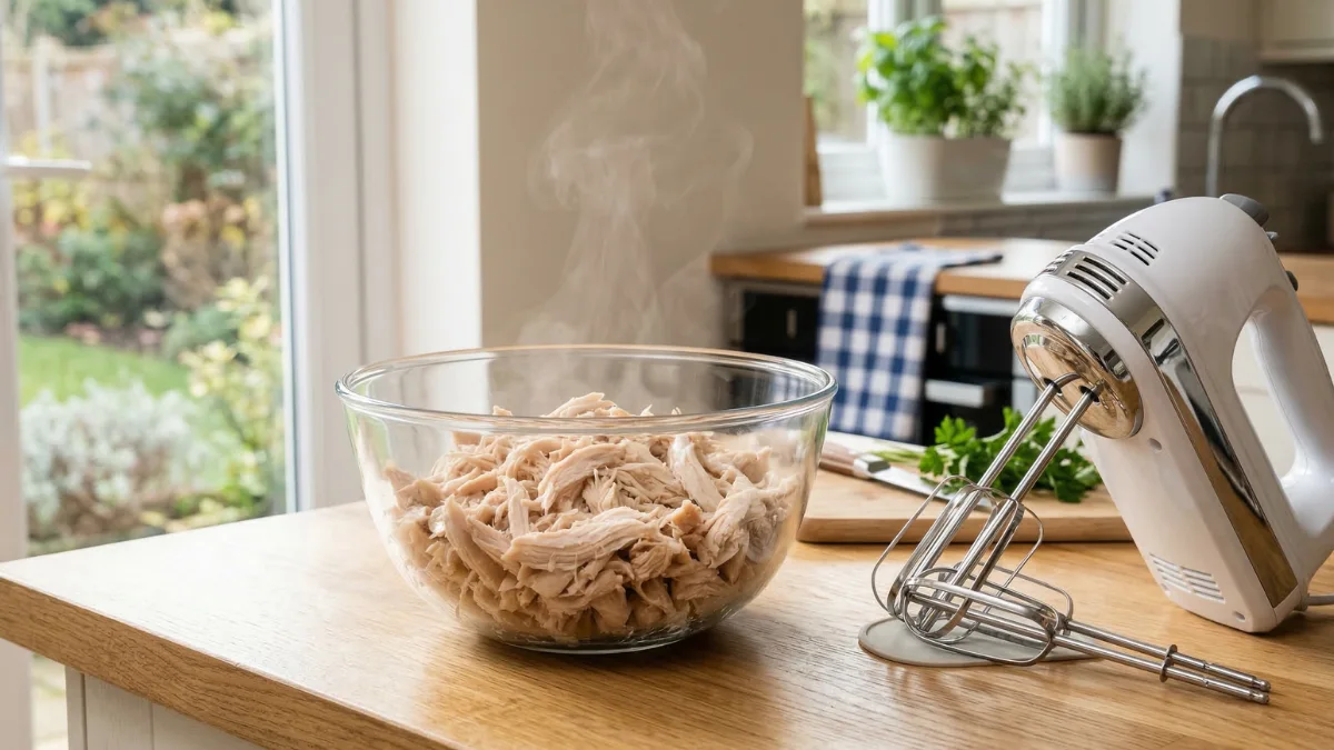 Steaming freshly shredded chicken in a glass bowl next to a white electric hand mixer on a wooden kitchen counter.