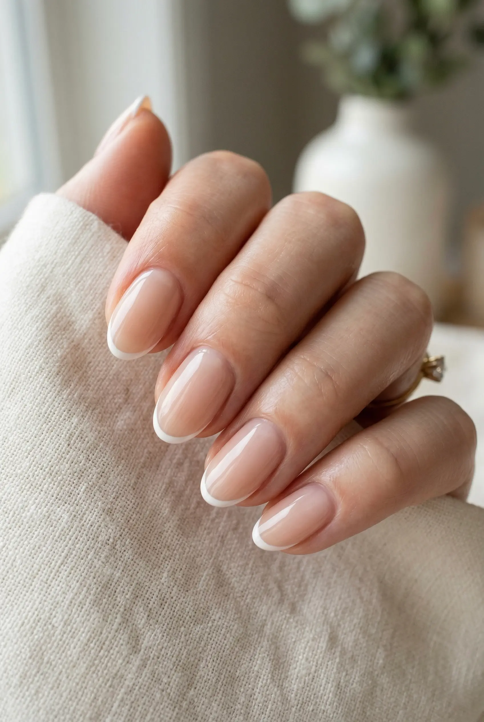 Minimalist micro French manicure on oval nails with a sheer nude base and ultra-thin white tips.