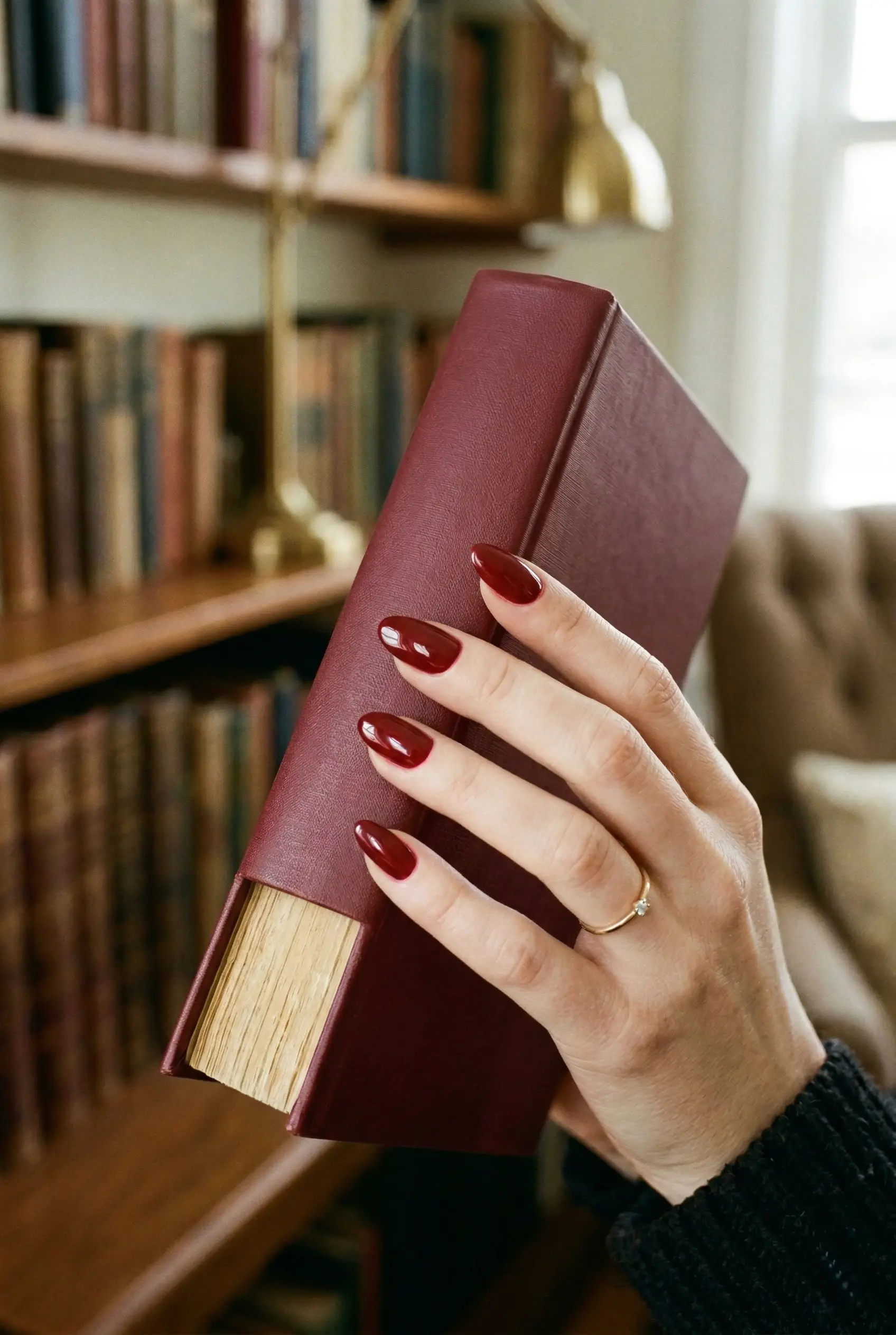 Elegant oval nails painted in a glossy deep cherry red shade holding a vintage burgundy book.