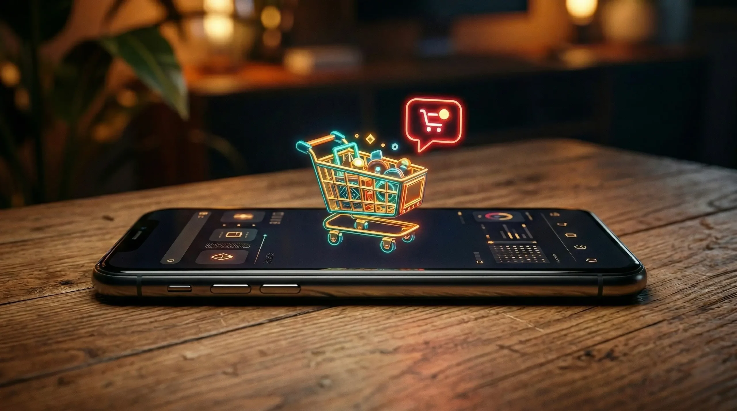 A glowing 3D neon shopping cart with a red notification bubble hovering over a modern smartphone screen on a wooden desk, symbolizing the 48-hour cart rule and online shopping discounts.