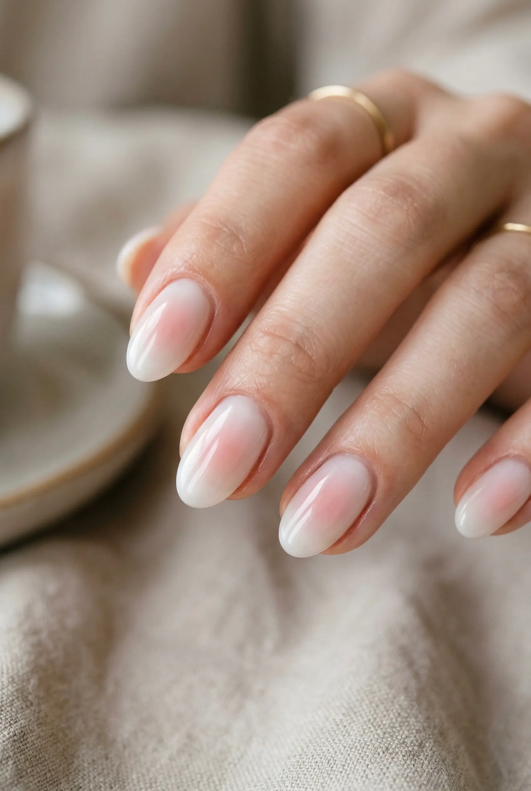 Delicate aura blush oval nails with a sheer milky base and a gently diffused rosy pink center.