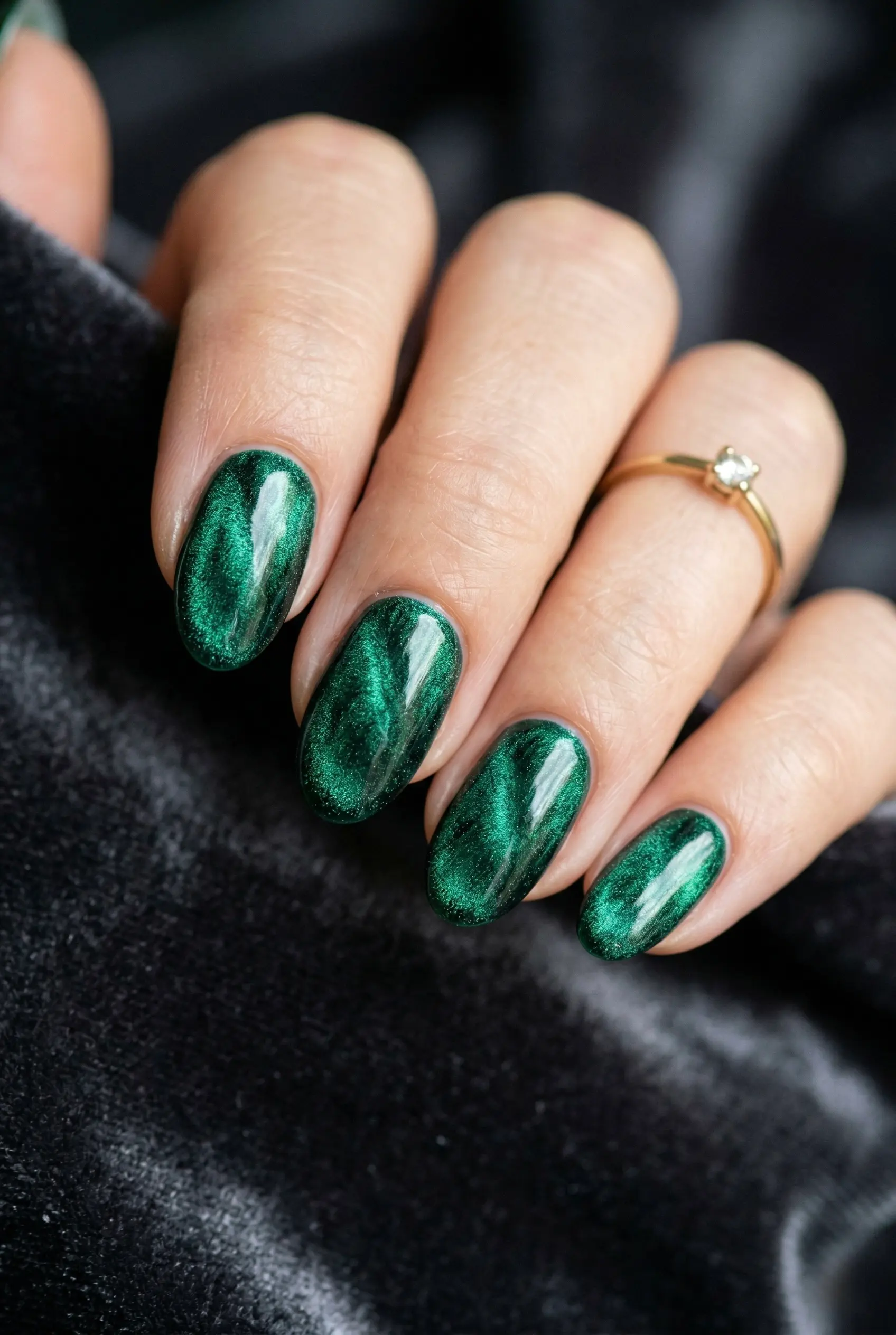 Deep emerald green magnetic velvet polish on oval nails with a shimmering 3D effect mimicking crushed velvet.