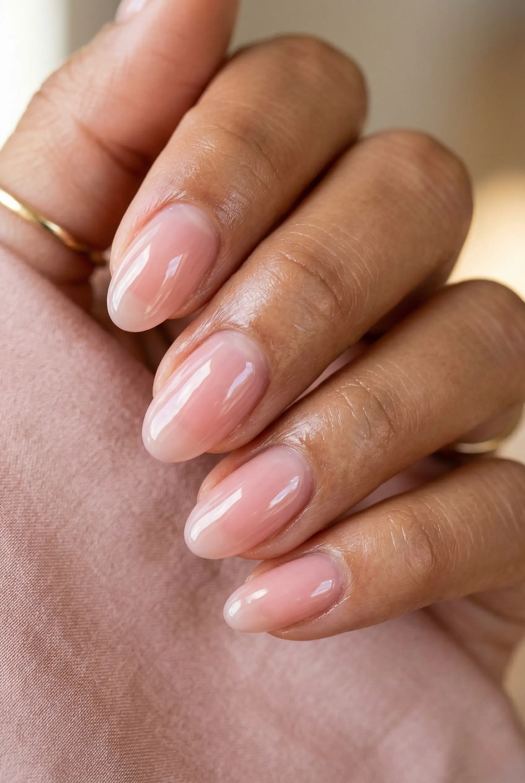 Ultra-glossy sheer pink lip gloss style manicure on beautifully groomed, healthy-looking oval nails.