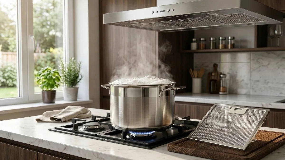A modern and bright kitchen featuring a boiling steel pot on an active stovetop, and right next to it, a spotless, gleaming aluminum range hood filter resting on a wooden cutting board.