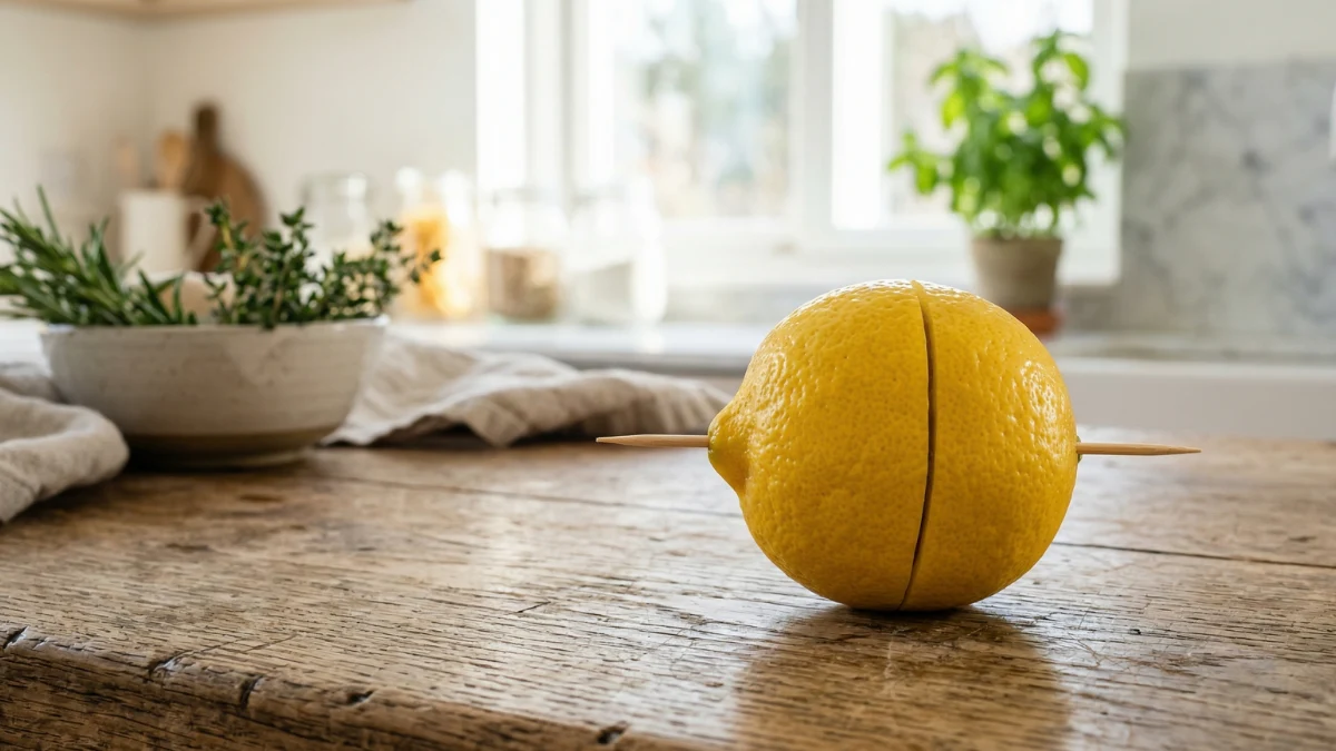 A fresh lemon cut in half, sitting on a rustic wooden counter, securely pinned back together with a wooden stick to prevent the inside from drying out.