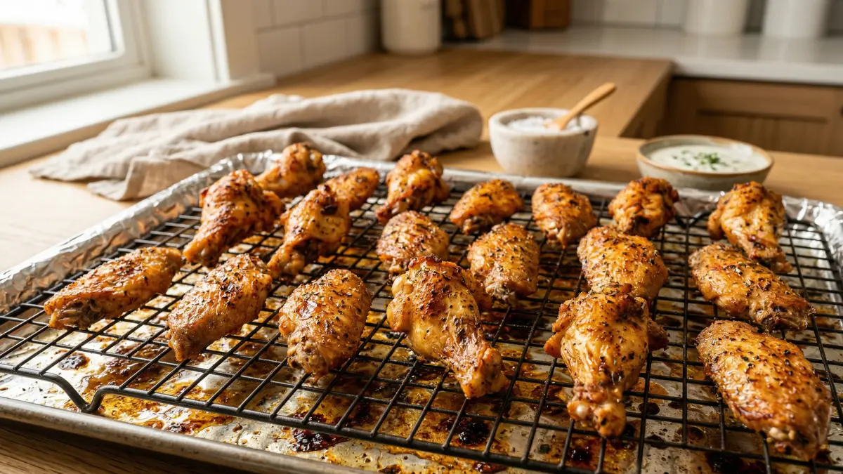 Golden brown and perfectly crispy chicken wings resting on a black wire rack over an aluminum foil-lined baking sheet in a bright, modern kitchen setting.