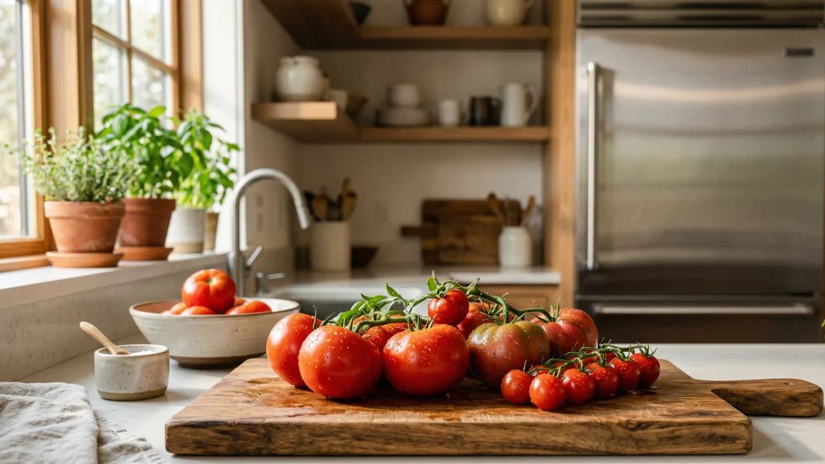 Fresh, ripe red tomatoes resting on a rustic wooden cutting board in a bright modern kitchen, illustrating proper countertop storage away from the refrigerator.