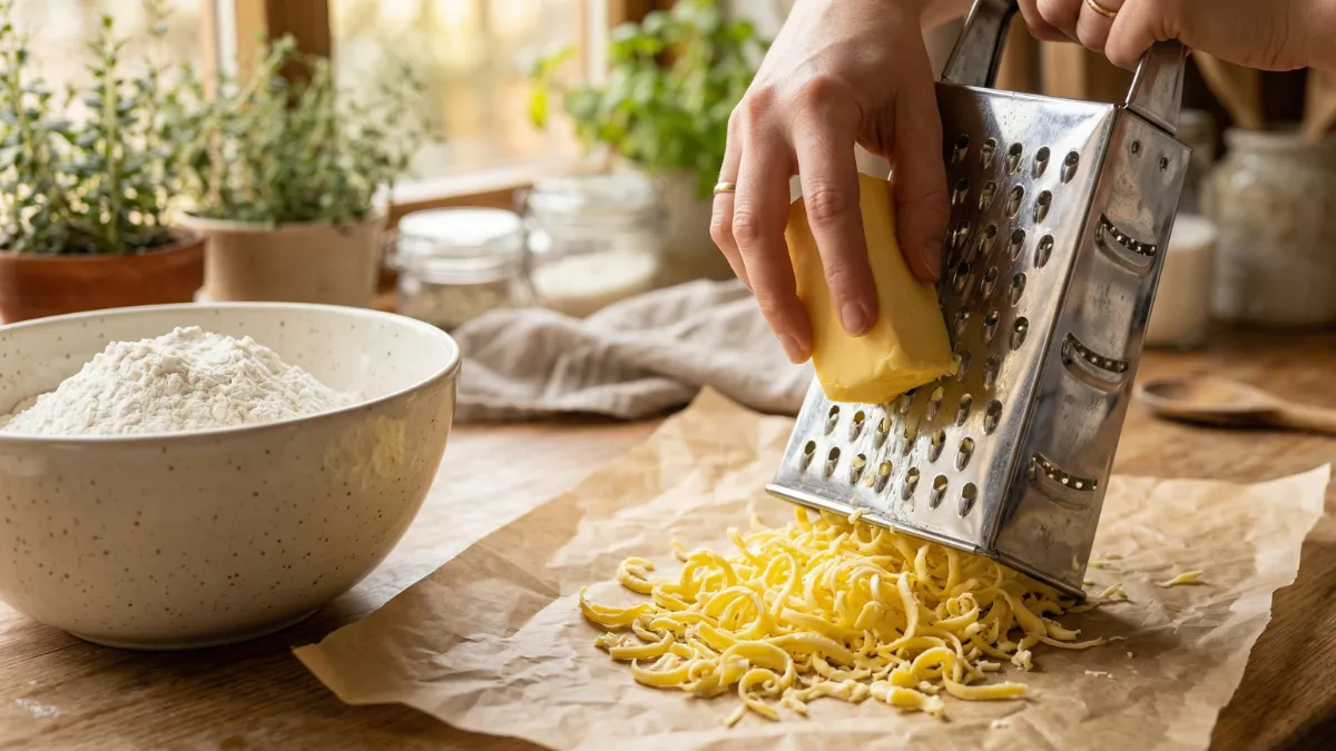 Close up of hands grating a block of cold butter with a metal box grater onto parchment paper, next to a bowl of flour in a cozy, sunlit kitchen.