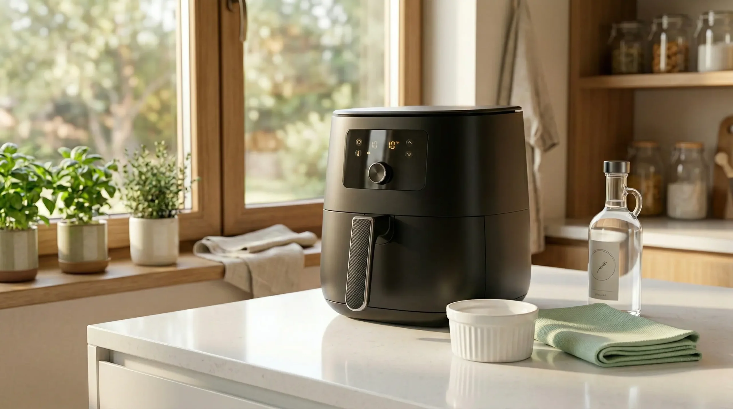 A sleek black air fryer sitting on a bright, modern kitchen counter. Next to the appliance are a small white ceramic ramekin, a green microfiber cloth, and a glass bottle of white vinegar, prepared for safely steam cleaning the hidden grease trap.