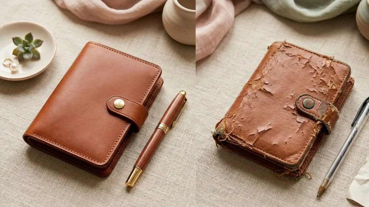 Side-by-side comparison of a pristine, high-quality leather notebook with a premium pen next to a worn-out, peeling cheap faux-leather replica with a basic plastic pen, illustrating the hidden financial cost of buying low-quality dupes.