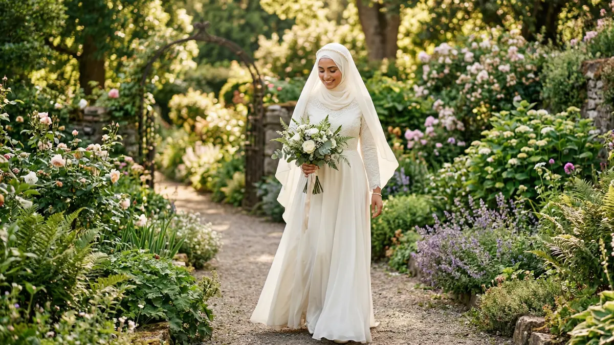 A smiling bride wearing an elegant, flowing modest white wedding dress with a matching hijab and veil, holding a beautiful white floral bouquet while walking on a sunlit garden path.