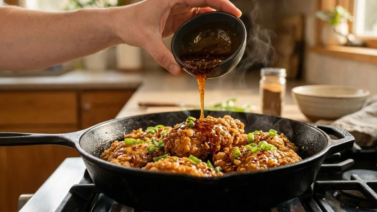 A home cook pouring a glossy, savory-sweet glaze over perfectly crispy fried chicken topped with green onions in a black cast-iron skillet, showcasing a delicious restaurant copycat recipe made at home.