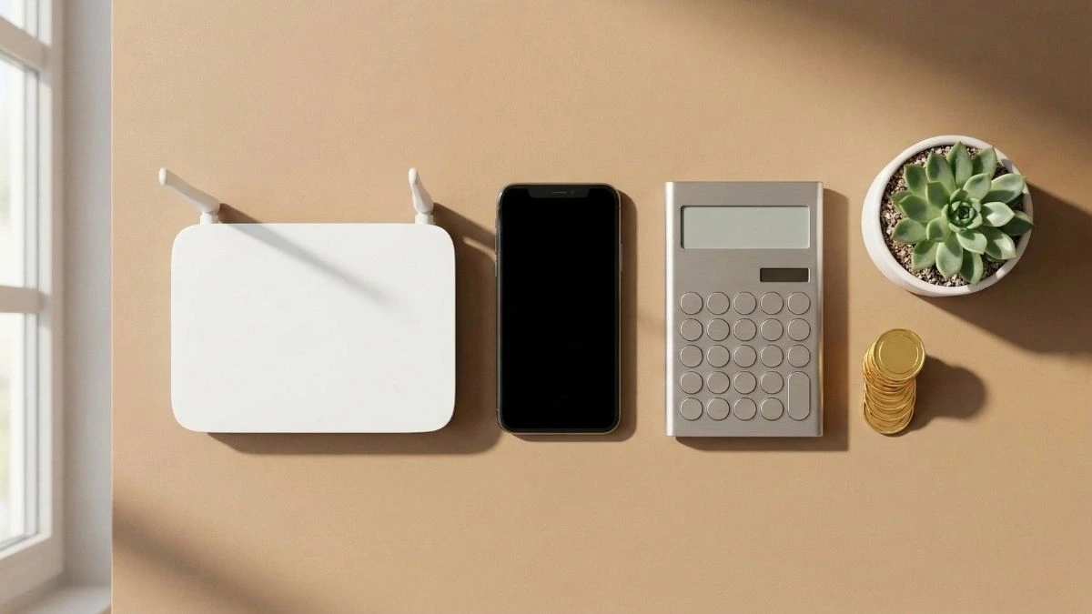 A minimalist flat-lay showing a white WiFi router, a smartphone, a modern calculator, and gold coins on a beige desk, representing internet and phone bill savings.