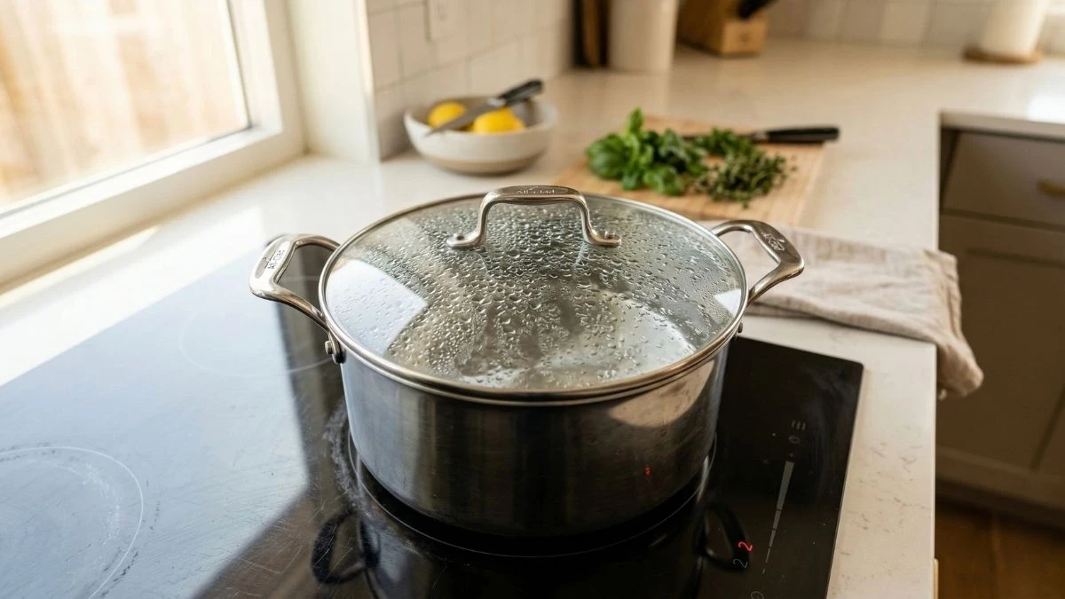 A stainless steel cooking pot with a clear glass lid covered in condensation simmering on a modern kitchen stove, demonstrating the energy-saving lid-on cooking hack.