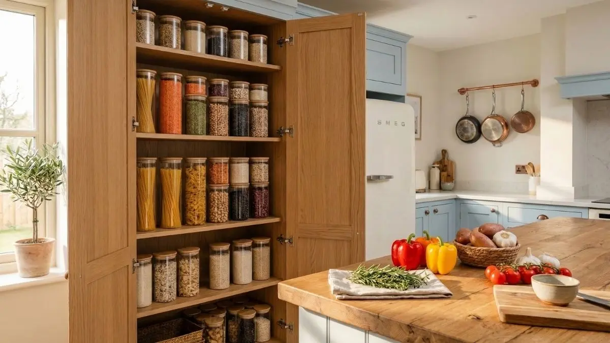 A neatly organized kitchen pantry featuring glass jars filled with dry goods, alongside fresh peppers and potatoes on a wooden island countertop, bathed in warm sunlight.