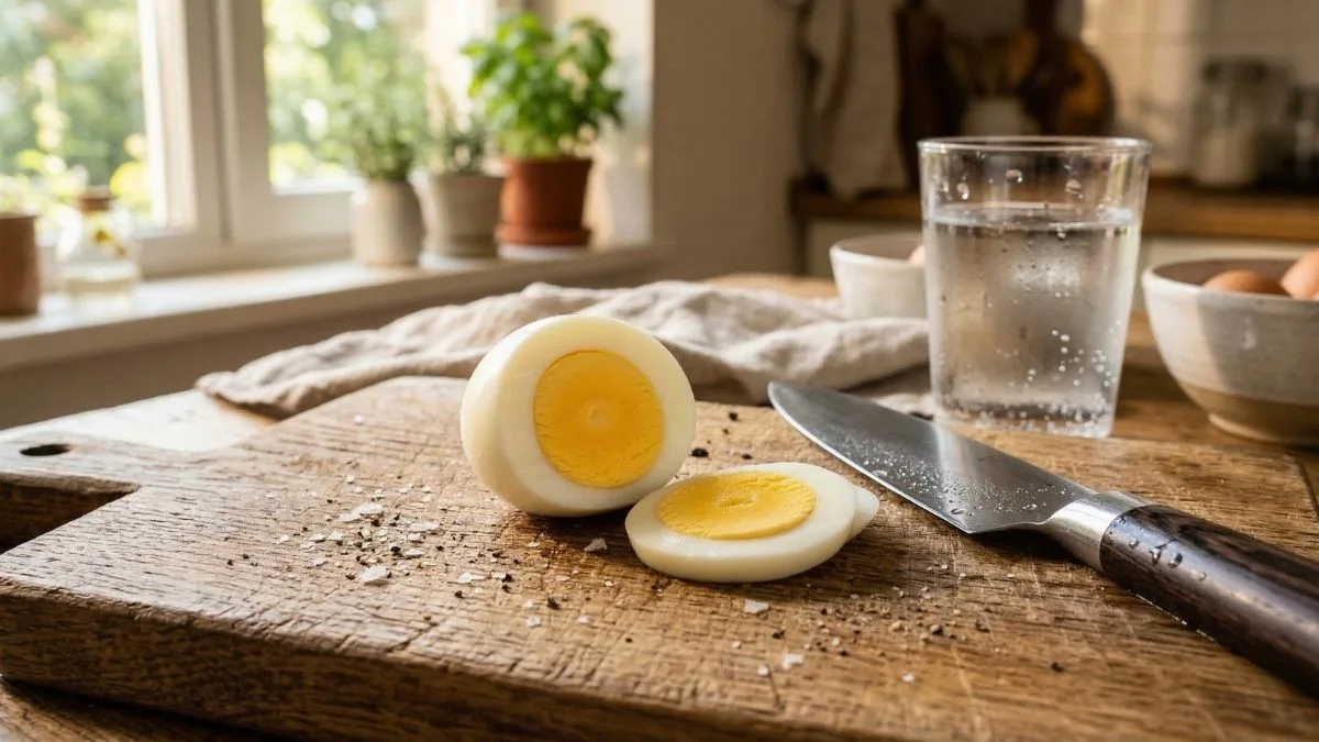 A perfectly sliced hard-boiled egg with a smooth yellow yolk on a wooden cutting board, next to a wet chef's knife and a glass of water, demonstrating a clever kitchen hack.