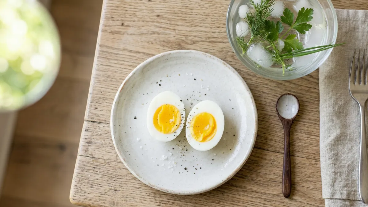 A perfectly cooked and beautifully peeled hard-boiled egg sliced in half on a rustic ceramic plate, next to a glass bowl of ice water and fresh herbs, lit by soft morning sunlight.