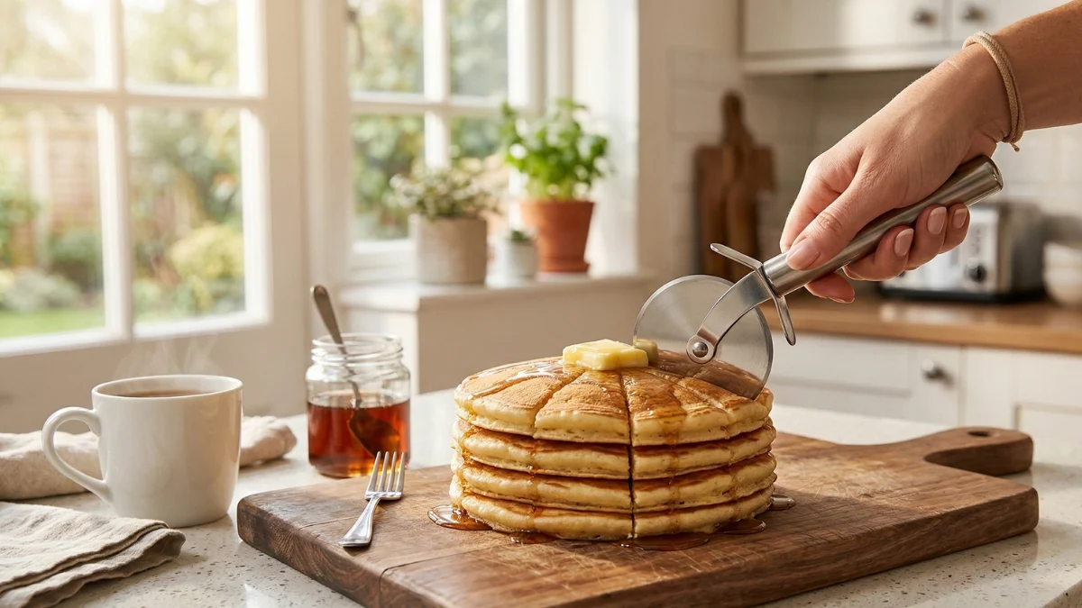 A person using a stainless steel pizza wheel to cut a stack of golden, fluffy pancakes topped with butter and maple syrup on a wooden cutting board in a bright, sunlit kitchen.