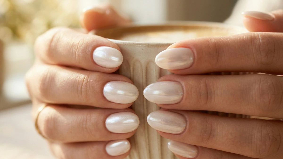 Woman's hands gently holding a chic ribbed ceramic coffee cup showcasing perfectly manicured glossy milky white oval nails.