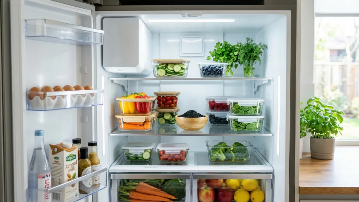 A sparkling clean, completely organized refrigerator interior featuring fresh produce in clear glass containers and a bamboo bowl of activated charcoal to naturally absorb food odors.