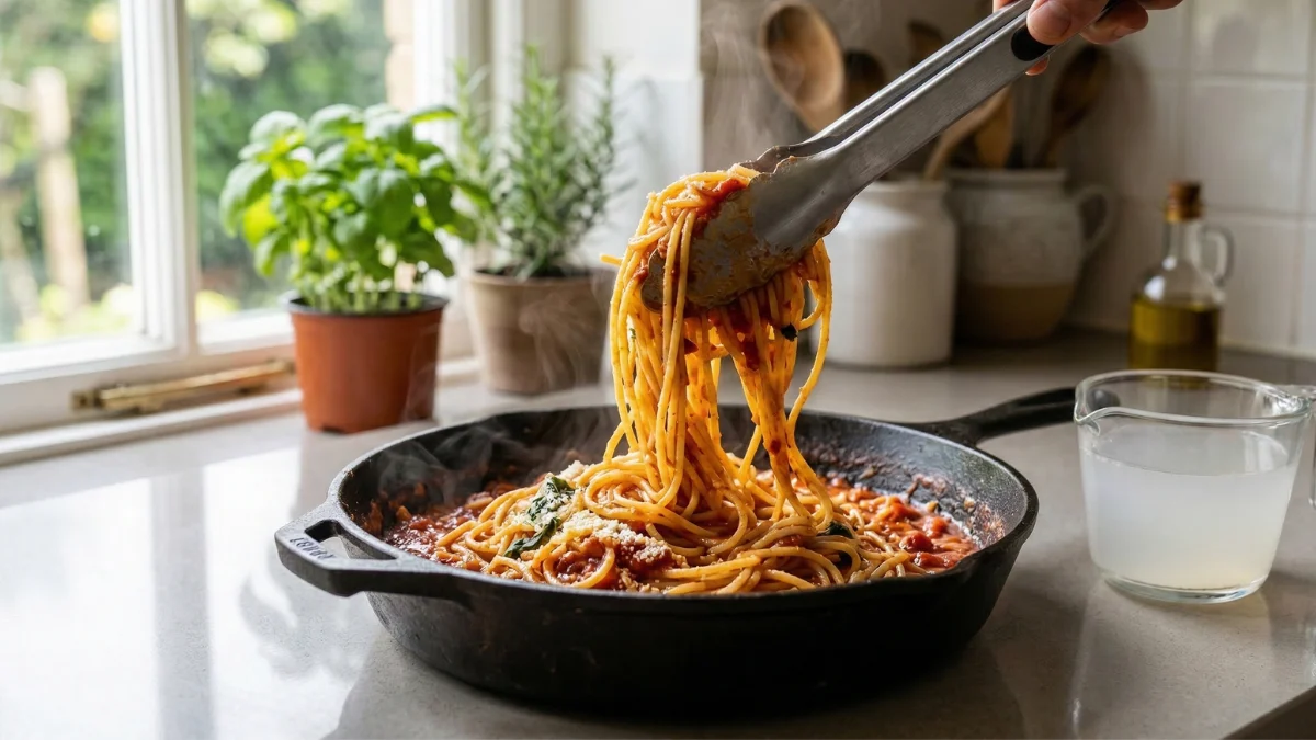 A person using tongs to lift glossy, sauce-coated spaghetti from a steaming cast iron skillet, with a glass cup of cloudy starchy pasta water sitting nearby on a bright kitchen counter.