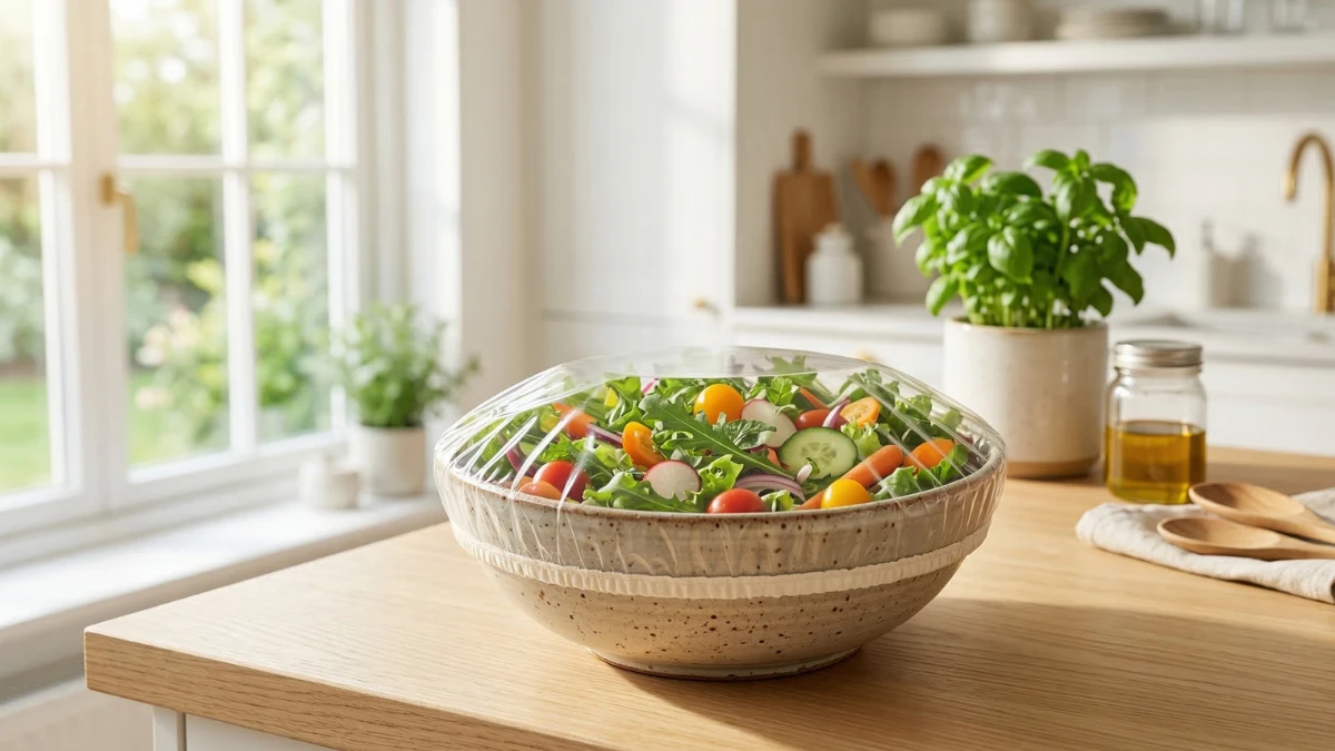 A fresh green salad in a rustic ceramic bowl covered with a clear reusable shower cap, sitting on a sunlit wooden kitchen counter.