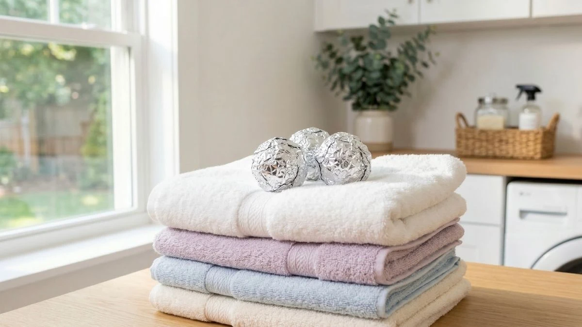 Three aluminum foil balls resting on a stack of neatly folded pastel and white towels in a bright modern laundry room, illustrating a budget-friendly laundry hack to eliminate static cling.