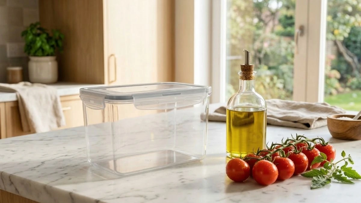 A clear plastic food storage container on a marble kitchen counter next to olive oil and fresh vine tomatoes, demonstrating a kitchen hack to prevent orange stains.