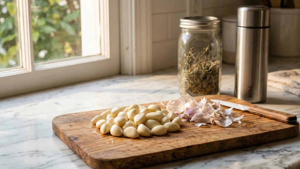 A pile of perfectly peeled garlic cloves and discarded papery skins on a rustic wooden cutting board, with a glass mason jar and metal thermos on a marble kitchen counter bathed in morning sunlight.