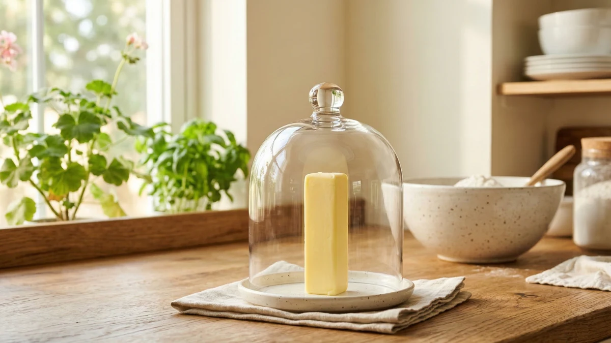 A vertical stick of butter covered by an upside-down clear glass dome on a plate in a bright, cozy kitchen, demonstrating the warm glass butter softening hack.