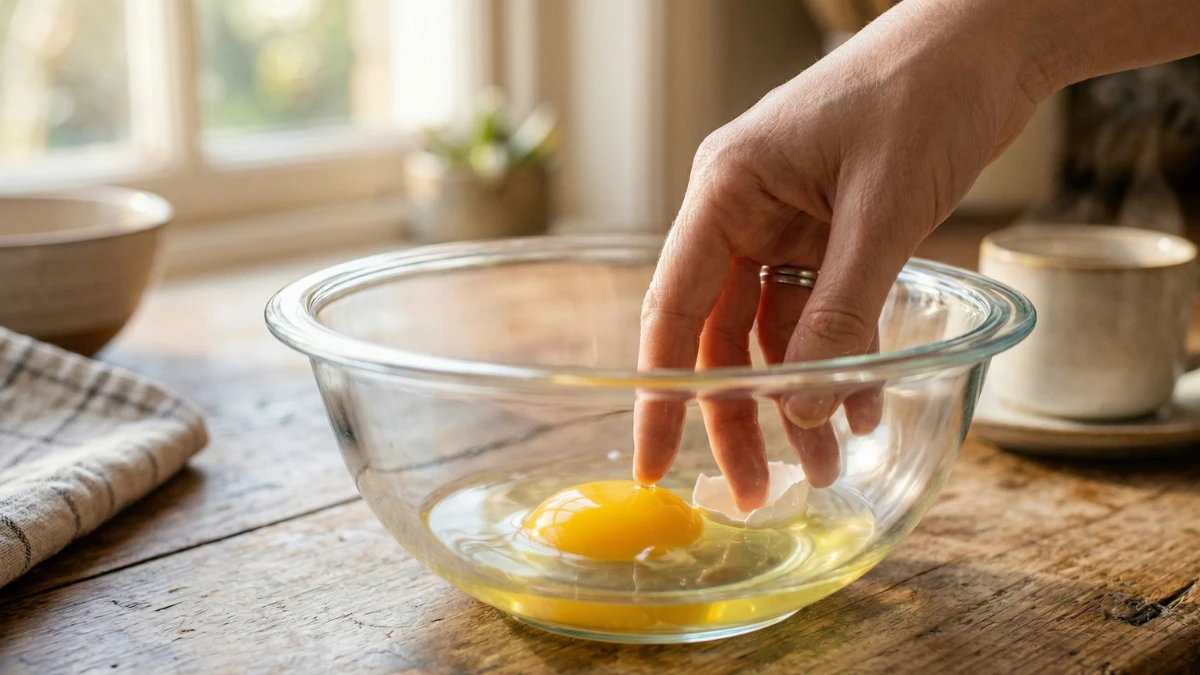 A person using a wet finger to easily remove a broken eggshell piece from a raw egg in a glass mixing bowl on a rustic wooden kitchen counter.