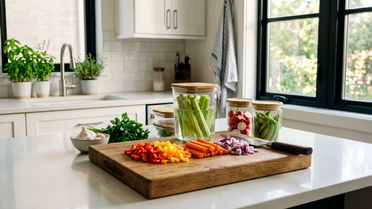 A clean modern kitchen counter with a wooden cutting board featuring freshly chopped bell peppers, carrots, and onions, alongside celery stored in a glass jar of water for efficient Sunday meal prep.