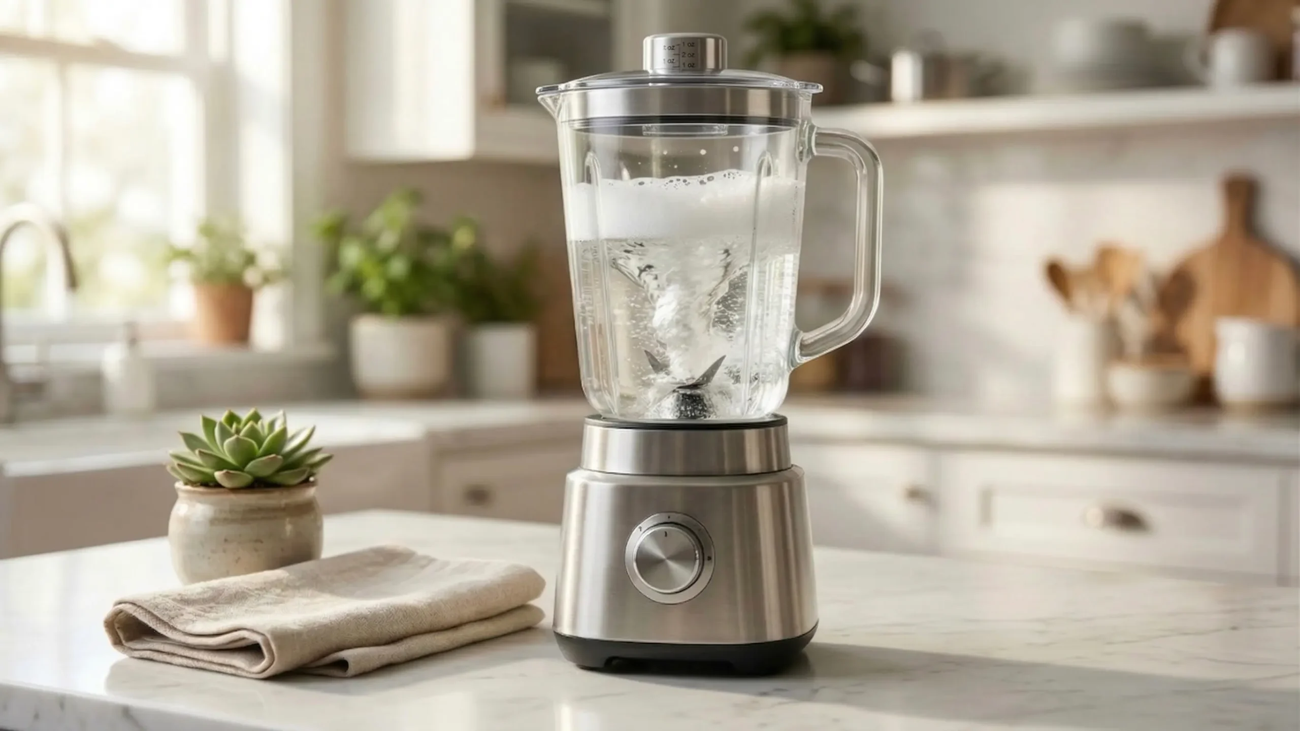 A modern glass blender on a bright white marble kitchen counter filled with swirling soapy water, demonstrating a quick self-cleaning hack.