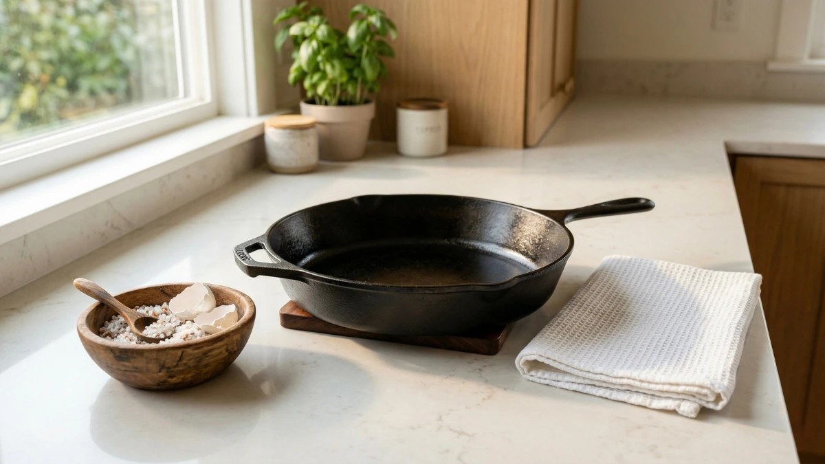 A well-seasoned black cast iron skillet on a white kitchen counter next to a rustic wooden bowl containing coarse salt and crushed eggshells, with a folded white cotton towel.