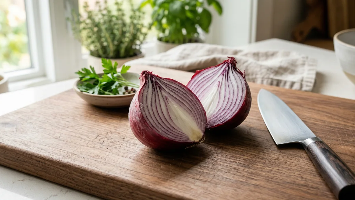 A freshly halved red onion sitting on a wooden cutting board next to a chef's knife in a bright kitchen, ready for the 10-minute freezer hack to prevent crying while chopping.