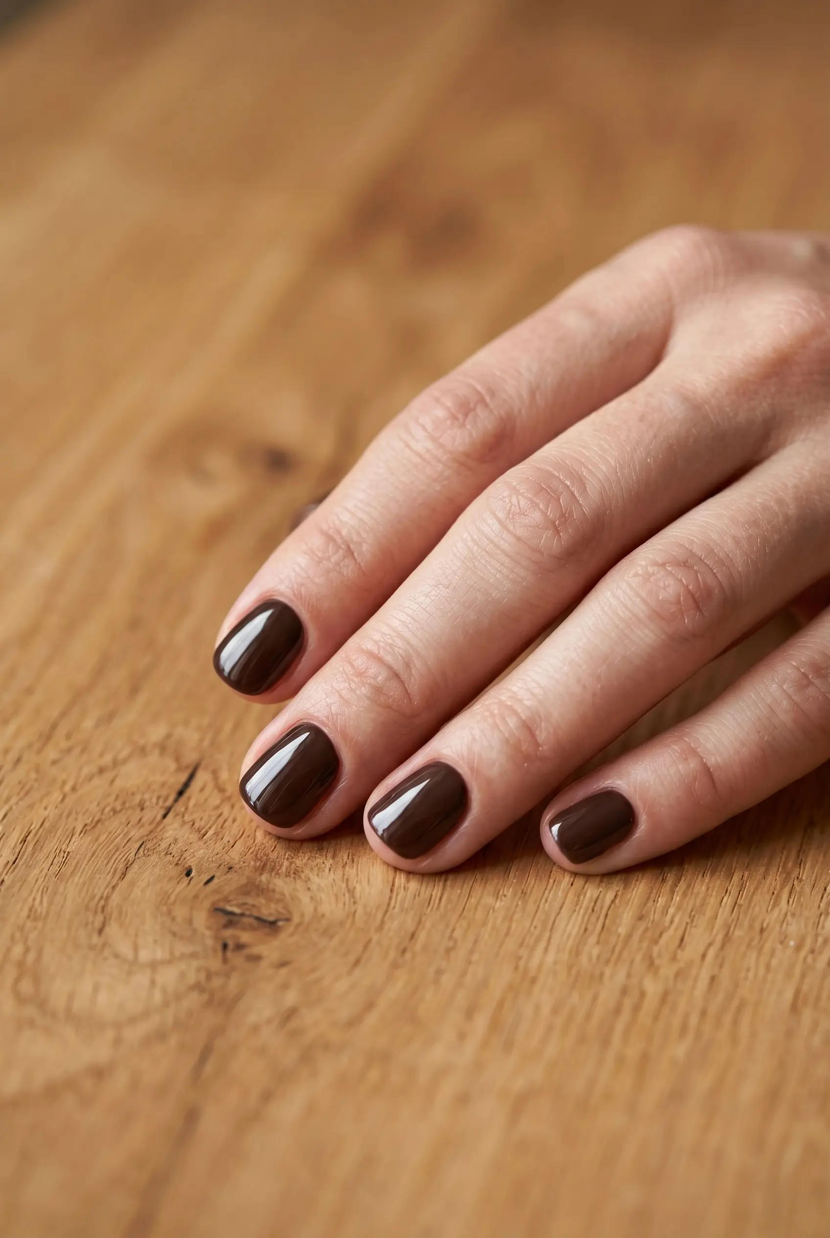 Close-up of glossy espresso brown polish on well-maintained short nails resting on a natural wooden table.