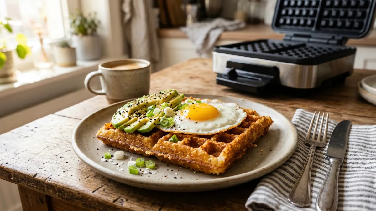A crispy leftover rice waffle topped with sliced avocado, a sunny-side-up egg, scallions, and sesame seeds on a rustic plate, with an open waffle iron in the background.