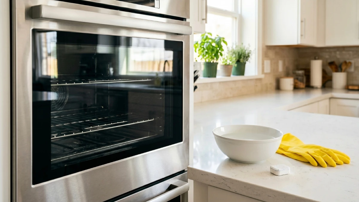 A sparkling clean stainless steel oven door next to a white bowl of warm water, yellow rubber cleaning gloves, and a dry dishwasher tablet on a bright kitchen counter.