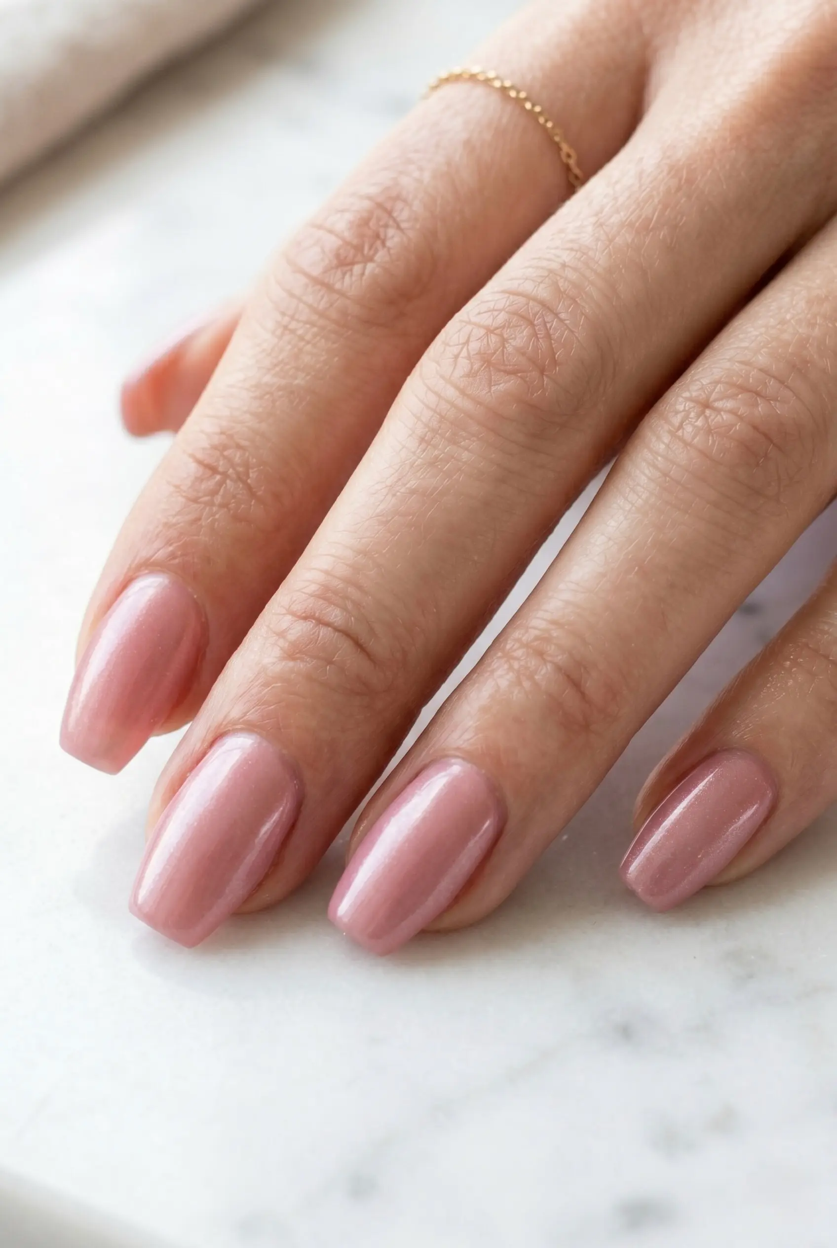 Soft dusky rose coffin nails with a subtle pearl finish on a clean white background.