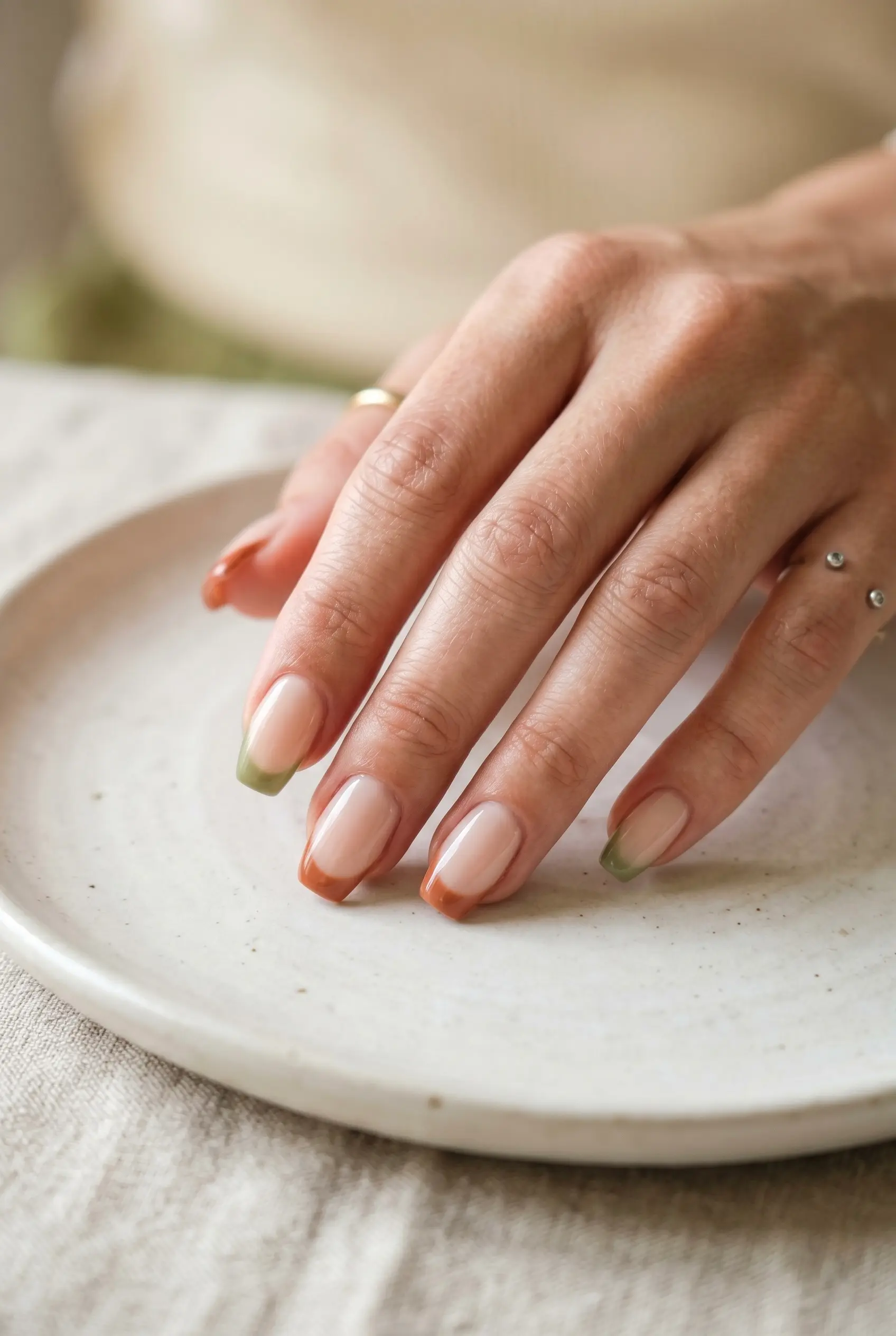 Wearable short coffin nails featuring modern French tips in terracotta and olive green shades.